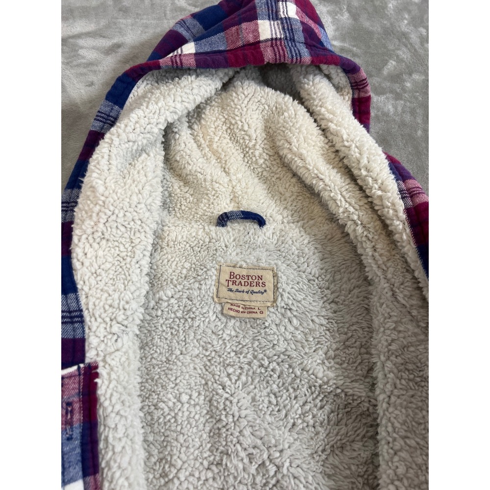 Boston Traders Mens Sherpa Lined Plaid Flannel Hooded Shirt Jacket Red Blue L - Picture 9 of 14